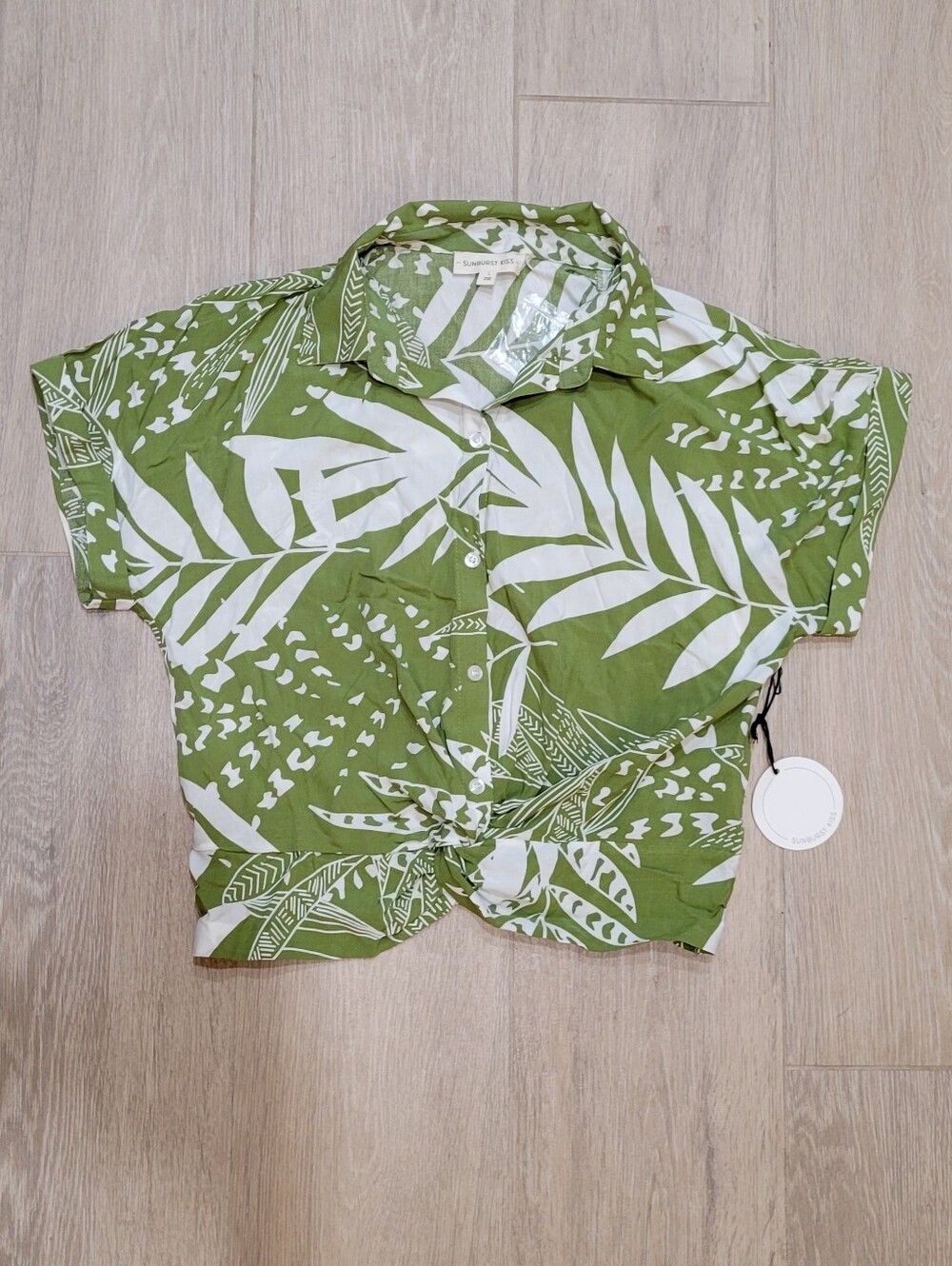 Woven Tropical Print Tie-Front Blouse - Green/White L